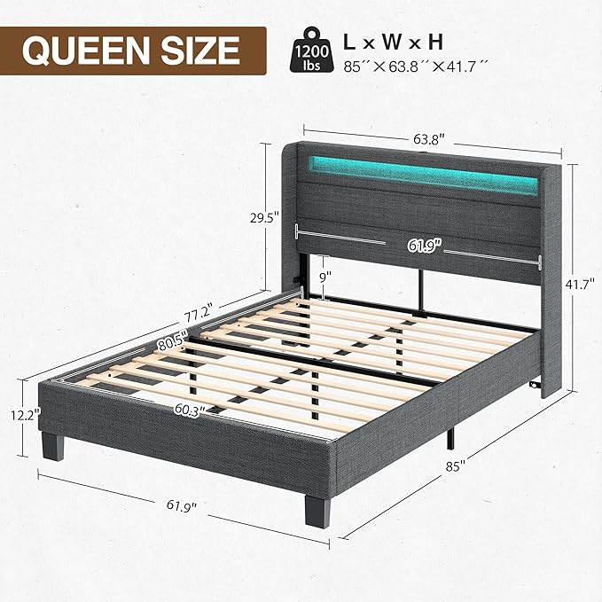 Rolanstar Bed Frame Queen Size with LED Lights and Charging Station, Upholstered Bed with Motion Activated Night Light and Wood Slats, Dark Grey