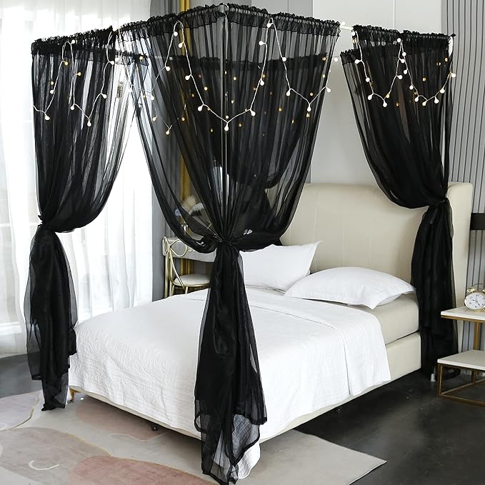 Akiky Canopy for Girls Room Black Bed Curtains Elegant Sheer Curtain for Twin Full Queen King Size Bed Drapes,8 Panels Canopies with Light,Room Décor(Twin,Black)