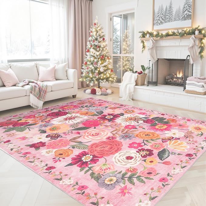 Pink Floral Area Rug 5x7 for Living Room Bedroom | Ultra-Thin; Non Slip; Stain - Image 6
