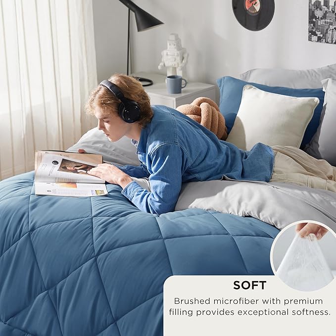 Bedsure King Size Comforter Set - 7 Pieces Reversible Slate Blue Bedding, King Size Bed Set for All Seasons, Bed in a Bag with Down Alternative Comforter, Sheets, Pillowcases & Shams