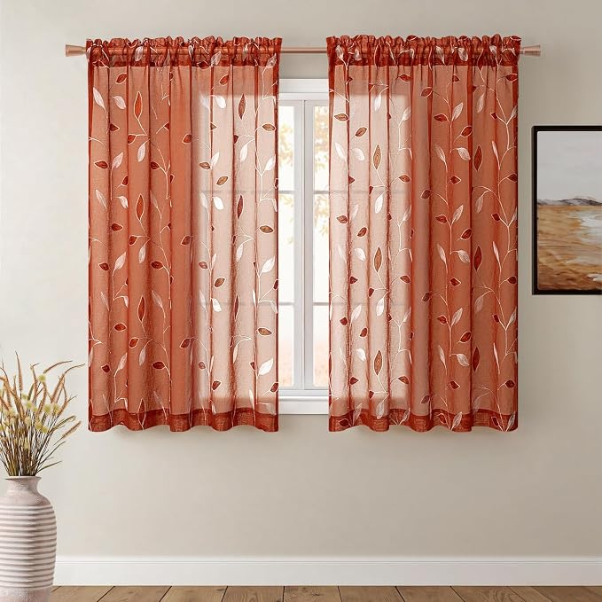 MIULEE Terracotta Sheer Fall Curtains 2 Panels Leaf Patterned, W52 x L54 | by MIULEE