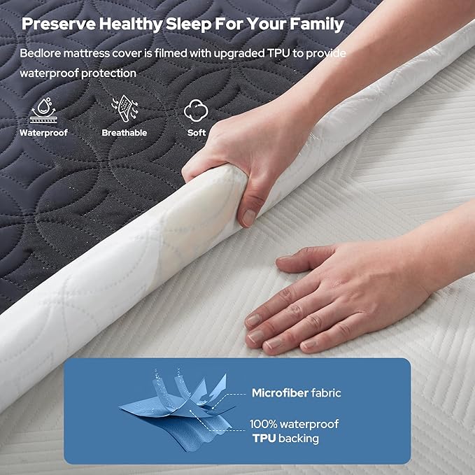 BEDLORE Waterproof Mattress Protector, Queen Size Mattress Pad with Deep Pocket 6"-18" Depth, Soft Dirt-Proof Double Bed Mattress Cover for Bedroom, College Dorm, Hotel (Navy Blue)