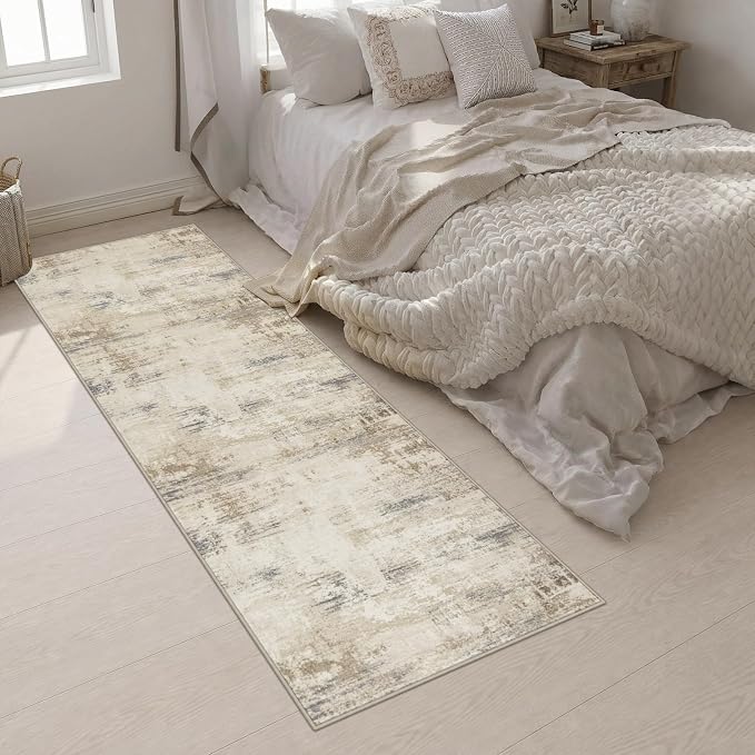 2.6x10 Washable Runner Rug:Modern Abstract Soft Carpet Beige Brown | - Image 5