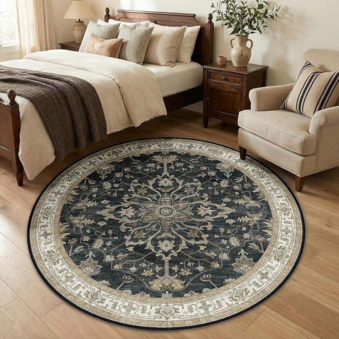 RELEANY Washable Area Rug, Round 5ft, Water Repellent, Pet Friendly, Vintage - Image 2
