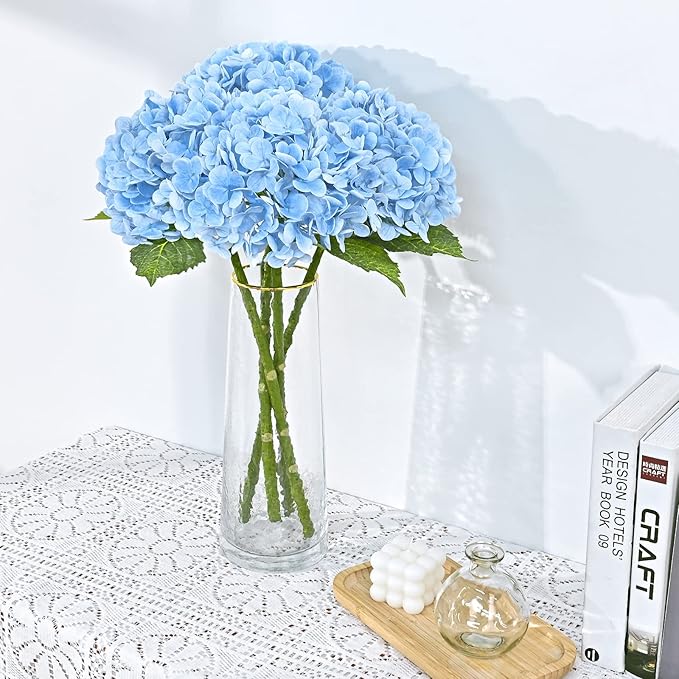 Waipfaru 21" Real Touch Blue Hydrangea Artificial Flowers with Long Stem & Leaves, Full Latex Faux Hydrangea Flowers for Home Decor Party Floral Arrangements Wedding Bouquets Centerpieces, 4Pcs