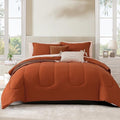 Monbix Queen Comforter Set - 7 Pieces Burnt Orange Bed in a Bag Queen Track Stitching Bedding Sets, All Seasons Down Alternative Comforter Bed Set with Sheets,Pillowcases & Shams