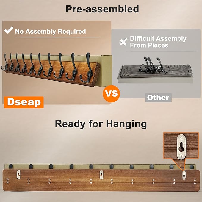 Dseap Coat Rack Wall - Heavy-Duty 38-1/4" Long, with Reinforced 10 Custom Tri-Hooks, Solid Wood Wall Hanger for Coats Hat Jackets - Rustic Farmhouse Entryway Storage, Light Brown & Black, Pack of 2