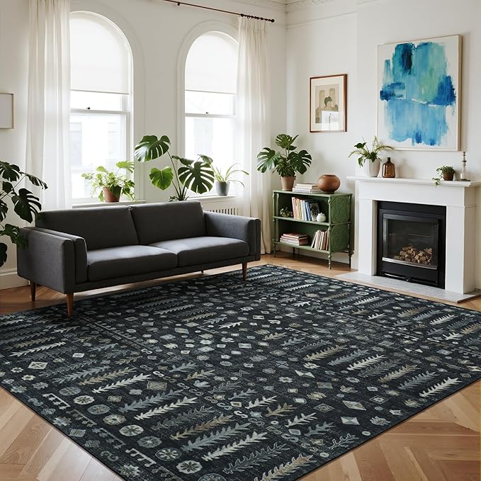 8x10 Retro Washable Area Rugs for Living Room, Dining Room- Black | Ultra Soft by Lbris