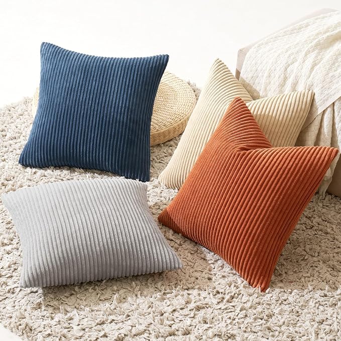 MIULEE Soft Corduroy Decorative Throw Pillow Covers Blue-Yellow 20x20 | Set of 4 - Image 4