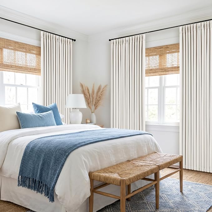 Ivory White Pinch Pleated Blackout Linen 92 Inch Bedroom Curtains 2 Panels | - Image 9
