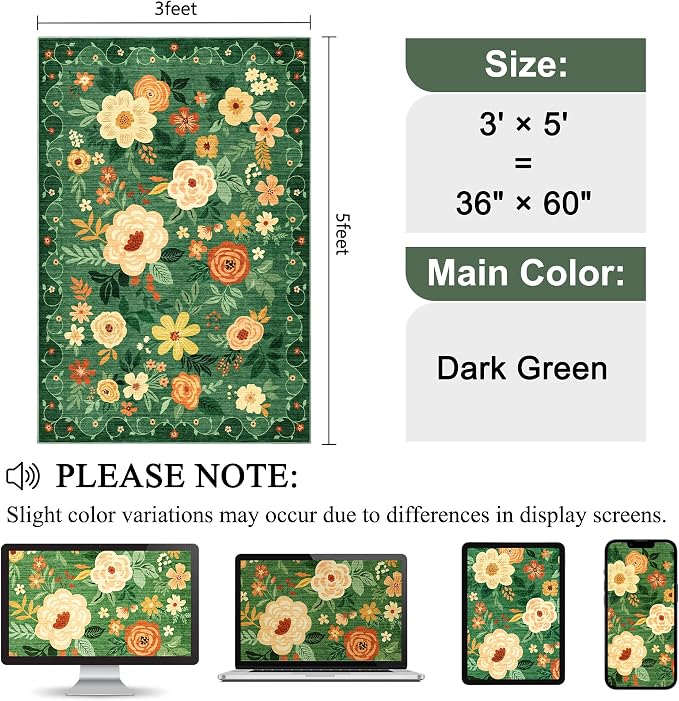 DUKINO 3x5 Area Rug, Floral Washable Rug - Image 2