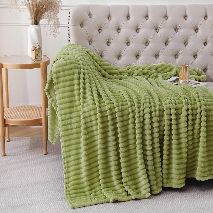 Moss Green Throw Blanket for Couch Sofa 60x80 inches Striped Design | Fleece - Image 4