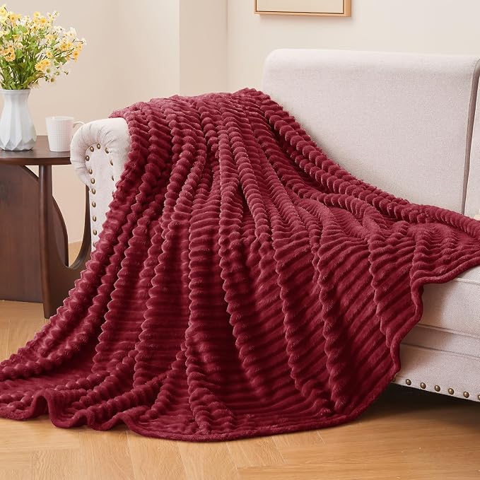 BEDELITE 3D Ribbed Burgundy Fleece Throw Blanket - Image 2