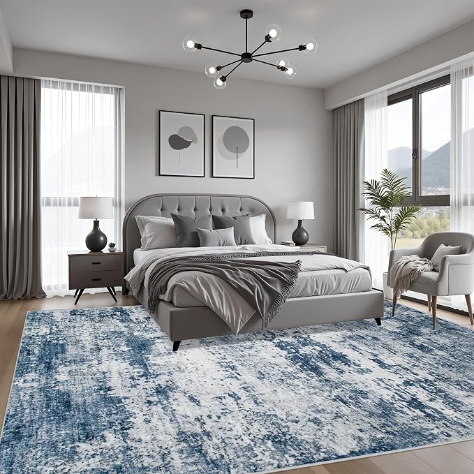 Area Rug Living Room: 6x6 Modern Washable Indoor Soft Carpet Blue | - Image 3