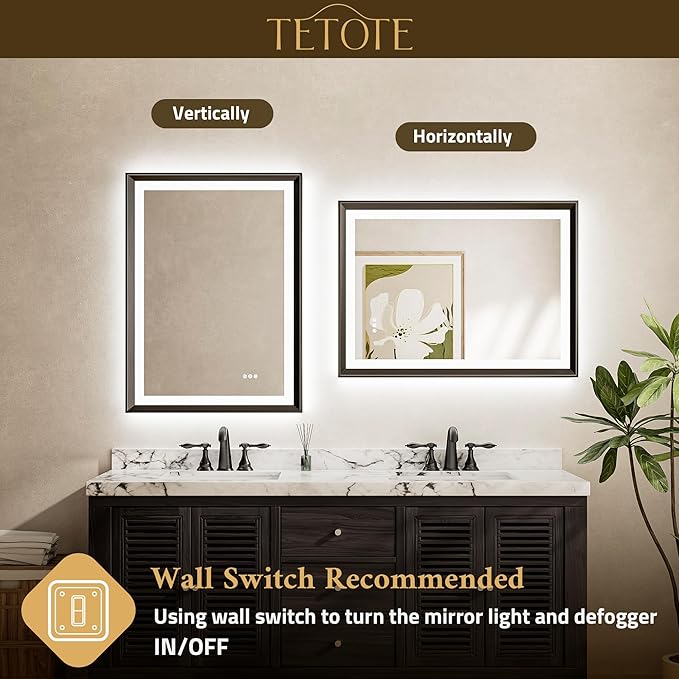 TETOTE LED Bathroom Mirror with Lights Black Metal Framed 30x36 Frontlit & Backlit Vanity Mirror Baroque Gothic Antifog Stepless Dimmable White/Warm/Natural,Wall Mounted(Horizontal/Vertical)