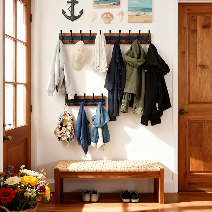 SKOLOO Rustic Wall Mounted Coat Rack - 17" Long Coat Hooks for Wall with 5 Triple Hooks for Hanging Coats, Hats or Tools, Western National Parks Collection, Wood Brown & Blue, Pack of 2