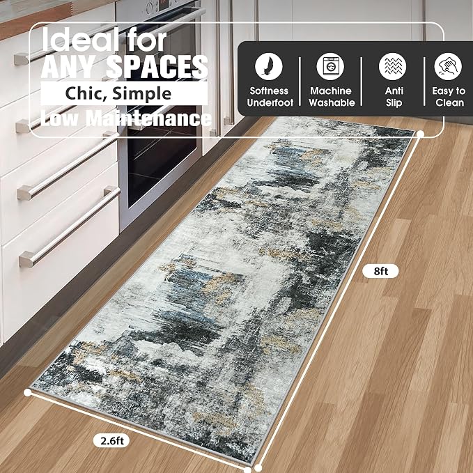 Aelenmu Runner Rugs for Hallways Kitchen 2.6x8 Non Slip Washable Black Gold | - Image 2