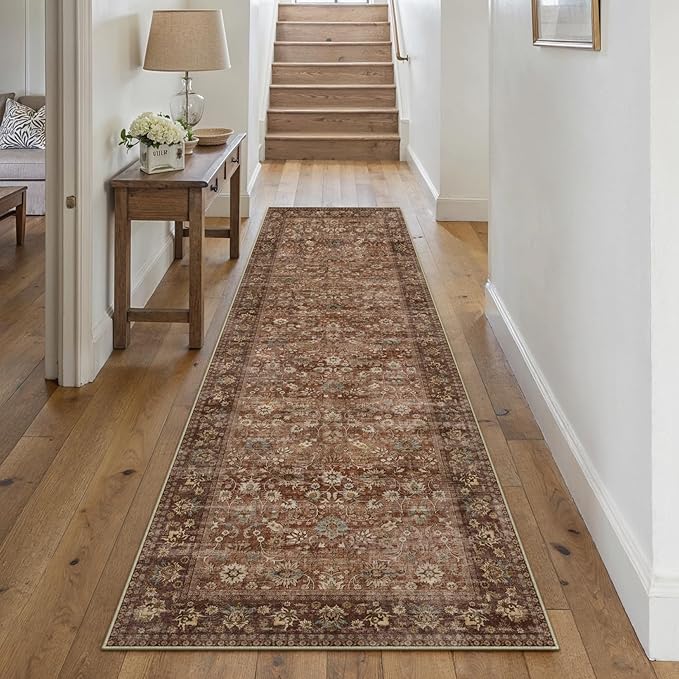 2x8 Brick Red Vintage Floral Washable Runner Rug by HUGEAR