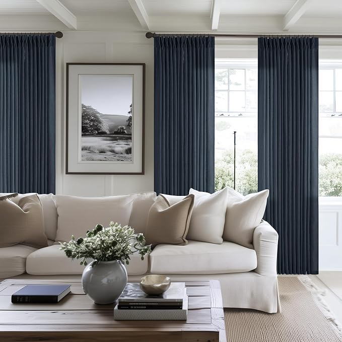 Navy 90 Inch Linen Semi Sheer Curtains Pinch Pleated 2 Panels | Light Filtering - Image 7