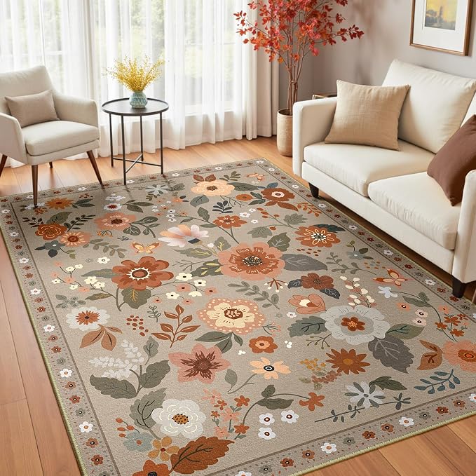 RELEANY Floral Washable 4x6 Area Rugs Brown/Brick | Flower Carpet Print Boho - Image 2