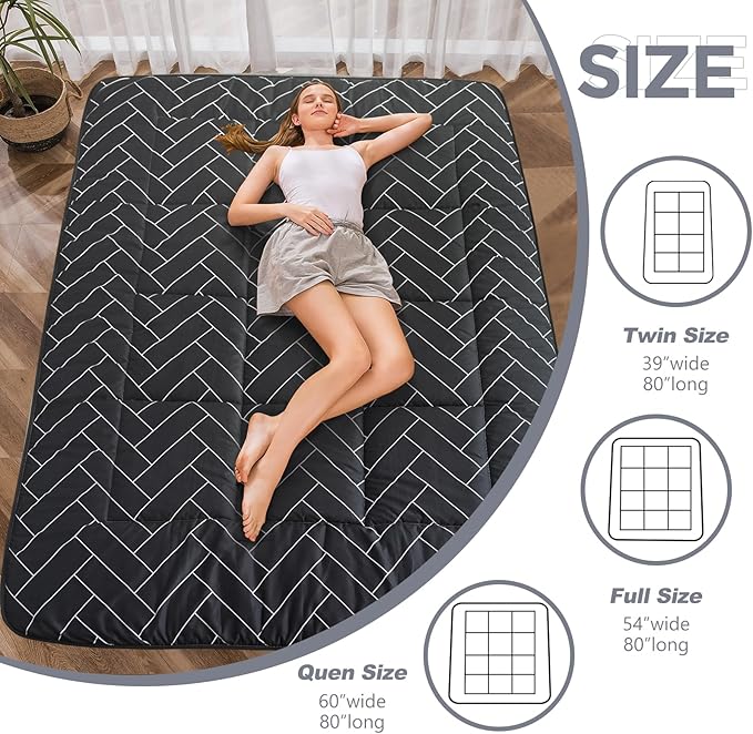 MAXYOYO Black Geometric Pattern Futon Mattress, Japanese Floor Mattress Quilted Bed Mattress Topper, Extra Thick Folding Sleeping Pad Breathable Floor Lounger Guest Bed for Camping Couch, Twin