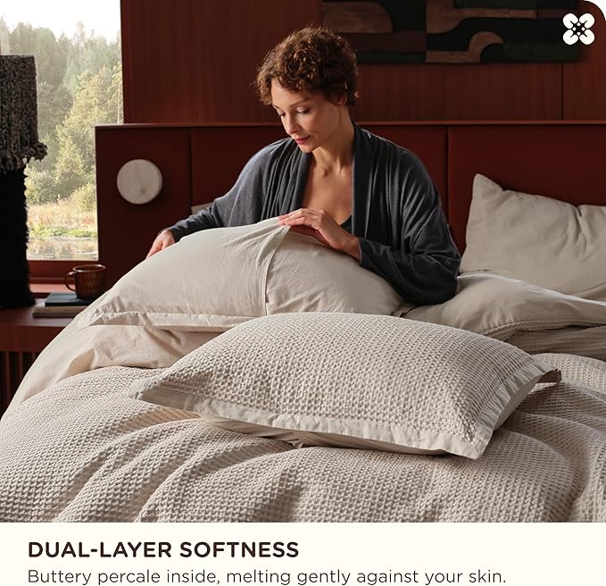 Bedsure Cotton Duvet Cover Set - 100% Cotton Waffle Weave Linen Color Duvet Cover California King Size, GentleSoft™ and Breathable Cal King Bedding Set for All Season, 3 Pieces, 104"x98"