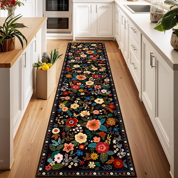 Floral Washable 2x8 Area Rugs Runner Entryway Hallway Black | Flower Carpet - Image 2