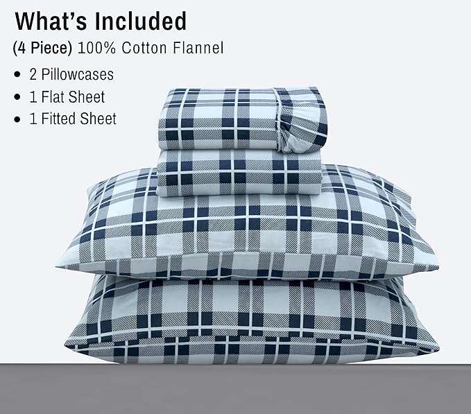 RUVANTI Flannel Sheets King Size - 100% Cotton Brushed King Size Sheets Set - Deep Pockets 16 Inches Bed Sheets - All Seasons Breathable & Extra Soft - Warm & Cozy, 4 Piece, Illusion Check