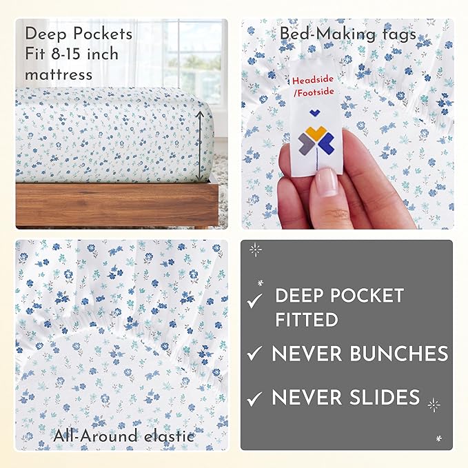 California Design Den Printed Twin XL Sheet Sets - 400 Thread Count Sateen, Natural 100% Cotton Sheets, Deep Pockets, Cooling and Durable Bedding Set - Blooming Meadows