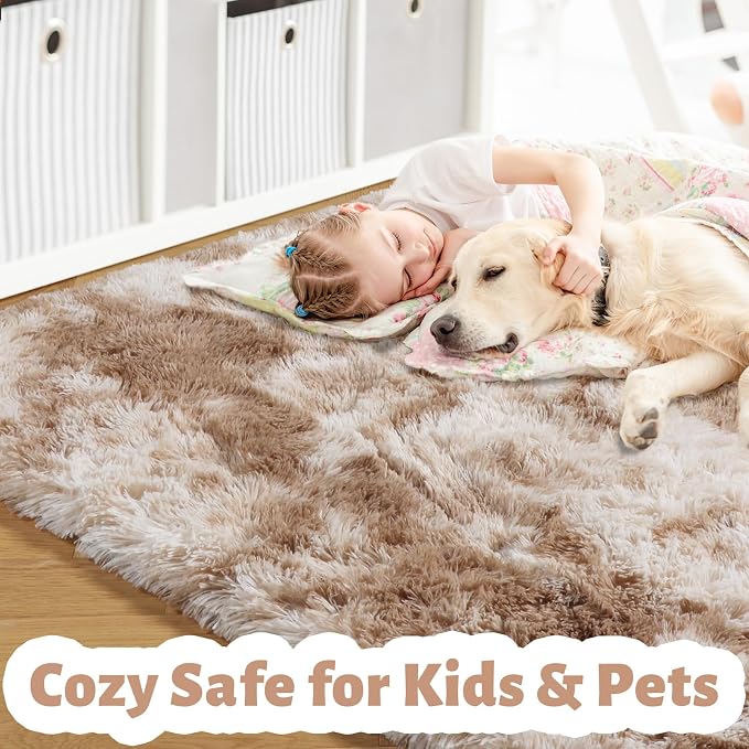 Amdrebio Beige Tan Furry Plush Area Rug 5x7 - Image 2