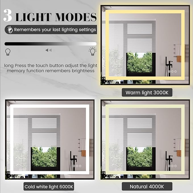 LED Bathroom Mirror,40"x32" Mirror with Black Frame, Front Light and Backlit, Stepless Dimmable, Anti-Fog, Shatter-Proof, Memory, 3 Colors, LED Vanity Mirror
