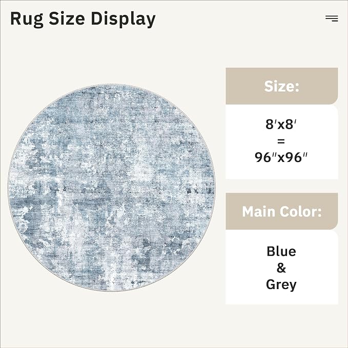 Soalmost Round Rugs 8ft Living Room Circle Area Rug 8x8 Blue/Grey Vintage | - Image 5