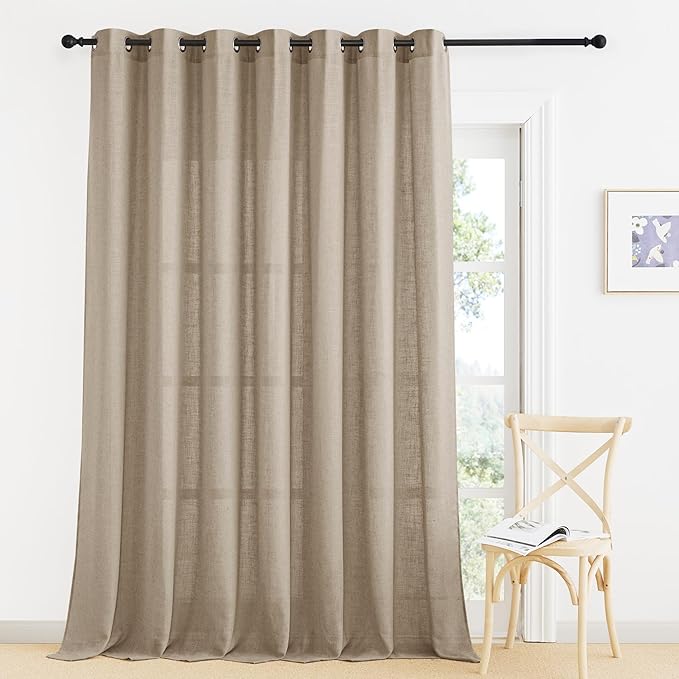 RYB HOME Linen Blended Curtains Semi Sheer - Wrinkle Resistant Light Filtering Lightweight Sun Protection Washable Rustic for Kitchen Laundry Room Cottage, W 100 x L 90 inches, Khaki, 1 Panel
