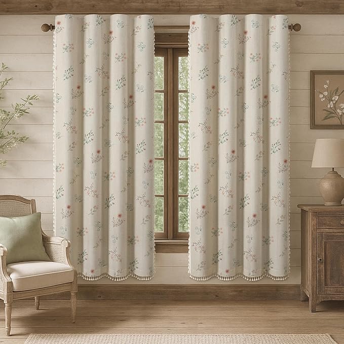 Boho Floral 100% Blackout Curtains 72 Inch 2 Panels Linen Texture | Farmhouse by Unknown
