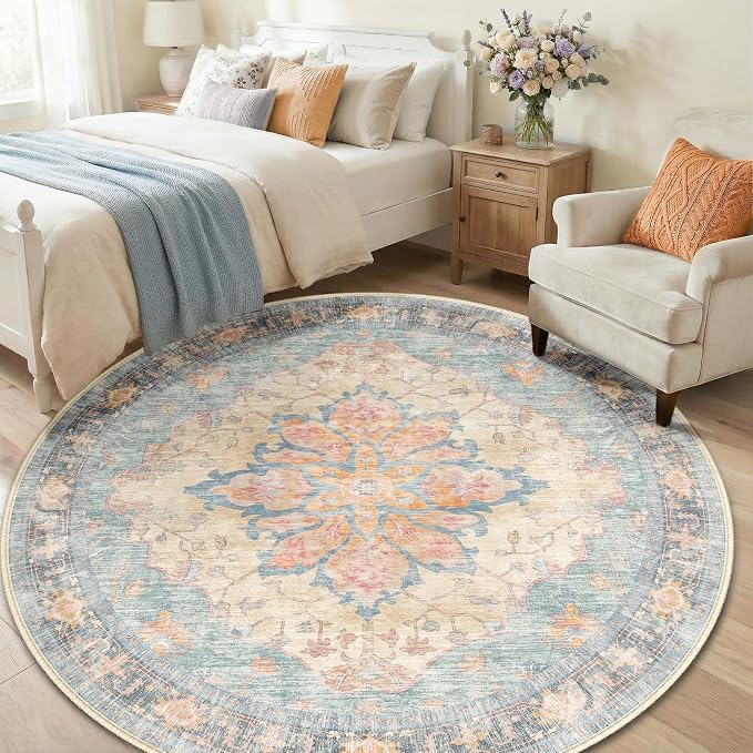 RELEANY Washable Area Rug, Round 6ft, Water Repellent, Pet Friendly, Vintage - Image 3