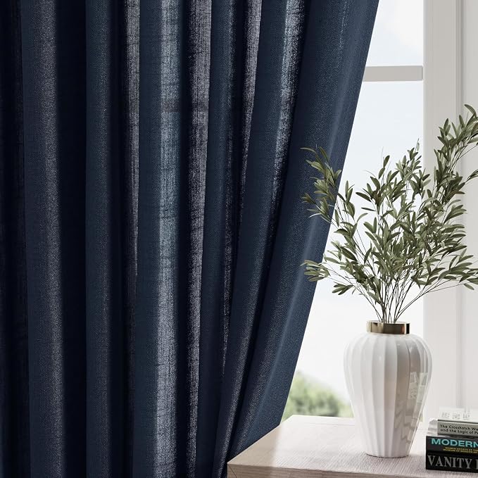 Navy Blue Linen Curtains for Living Room 2 Panels Set Extra Long Back Tab Light - Image 2