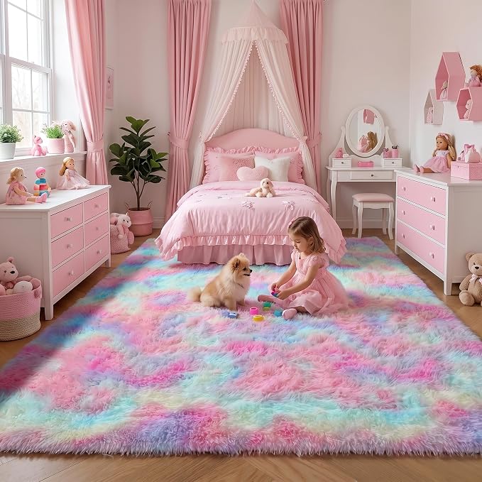 Rainbow Area Rugs for Living Room, 5x8 Fluffy Girls Bedroom Rug, Indoor Ultra by ONASAR