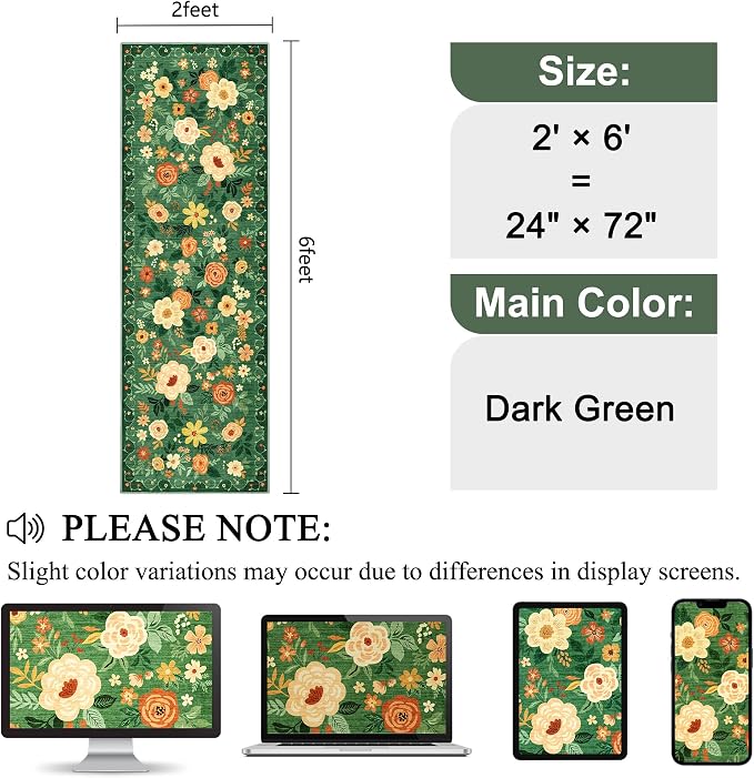 DUKINO 2x6 Runner Rug for Hallway Washable Kitchen Rugs Non Slip Dark Green | - Image 2