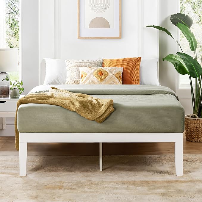 Mellow Naturalista Classic 16 Inch Solid Wood Platform Bed with Wooden Slats, White, Full
