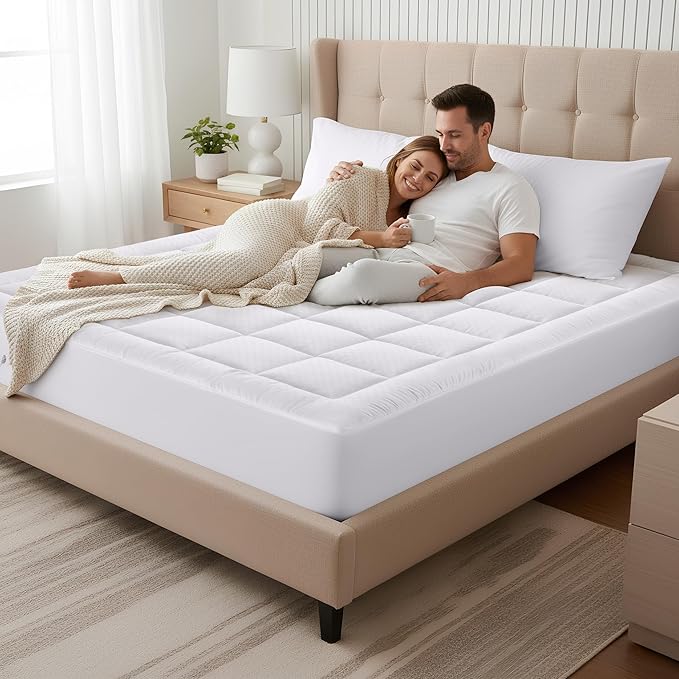 OLANLY Full Quilted Fitted Mattress Pad – Soft Pillow Top Mattress Topper, Down Alternative Fill, Cooling Comfort Breathable Mattress Cover, Machine Washable Deep Pocket Mattress Protector, White