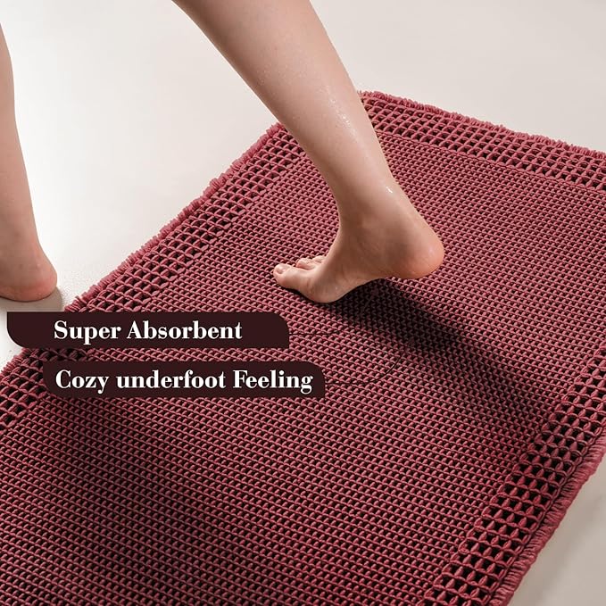 RESARE Waffle Bathroom Runner Rugs, Non Slip Boho Bath Mat 24"x48" Dark Red | - Image 3