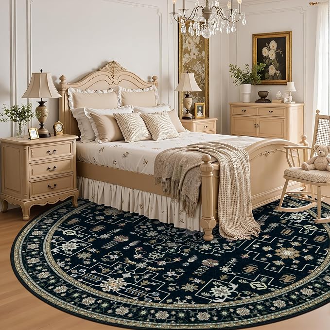 Round Area Rug for Living Room: 6ft Washable Rug for Bedroom Black | Vintage - Image 4