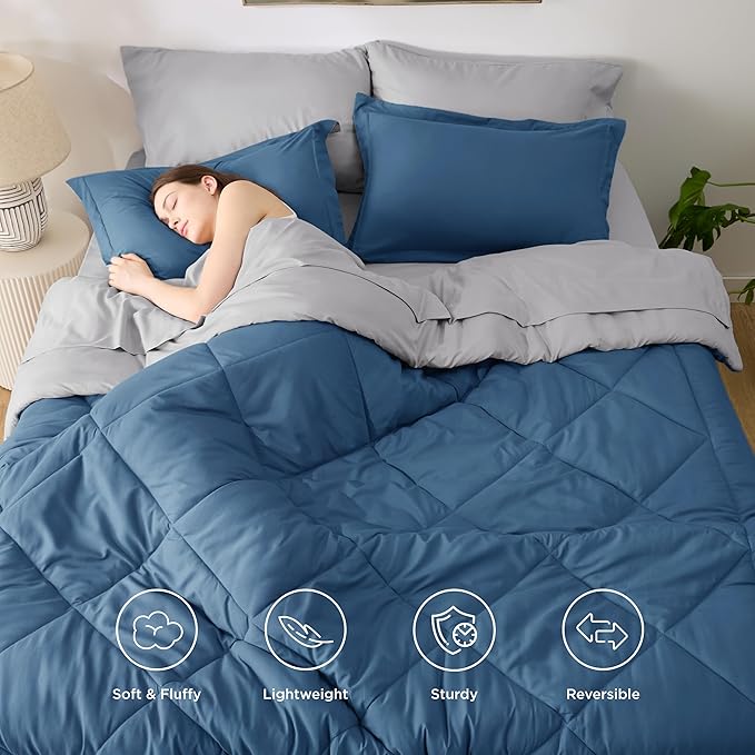 Bedsure King Size Comforter Set - 7 Pieces Reversible Slate Blue Bedding, King Size Bed Set for All Seasons, Bed in a Bag with Down Alternative Comforter, Sheets, Pillowcases & Shams