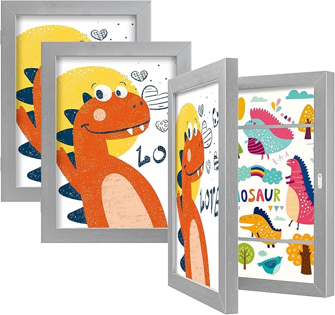 BAIJIALI Grey Art Frames for Kids Artwork - Front Opening Holds 150 Drawings, 3D Crafts - 3 Packs 8.5x11 with mat or 9x12 without Mat