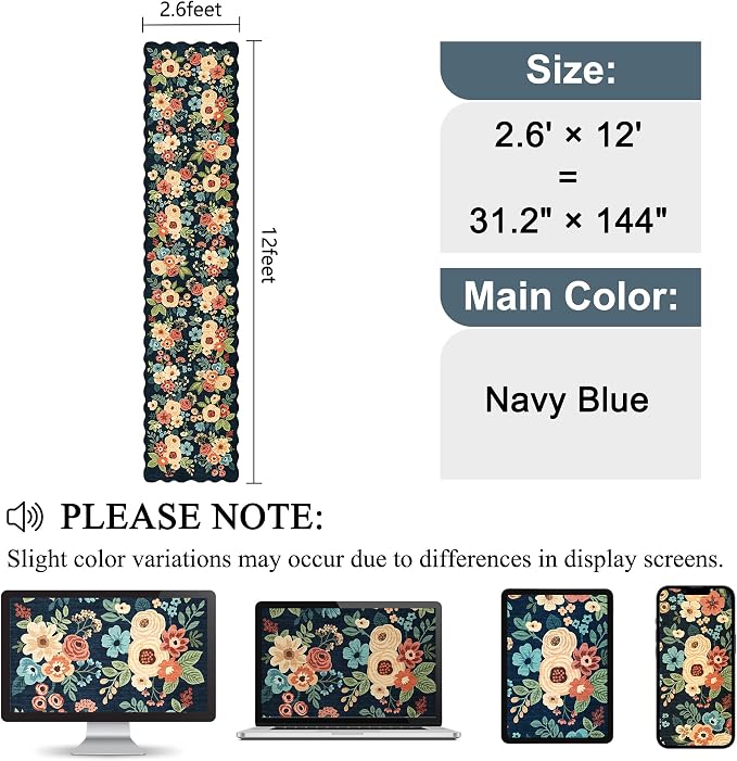 DUKINO 2.6x12 Washable Runner Rug, Floral Non Slip Kitchen Rug, Stain Resistant - Image 2