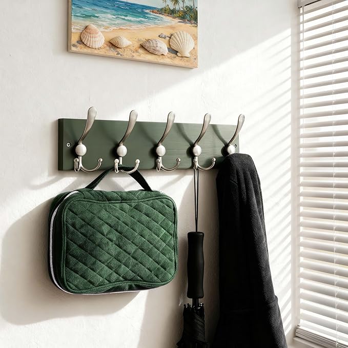 SKOLOO Creations Forest Green Solid Wood Wall Mounted Coat Rack, 5 Hooks, 17" Long - Kitchen, Mudroom, Entryway, Bathroom - Includes Mounting Hardware, Wall Coat Hanger, Towel Rack, Pack of 2