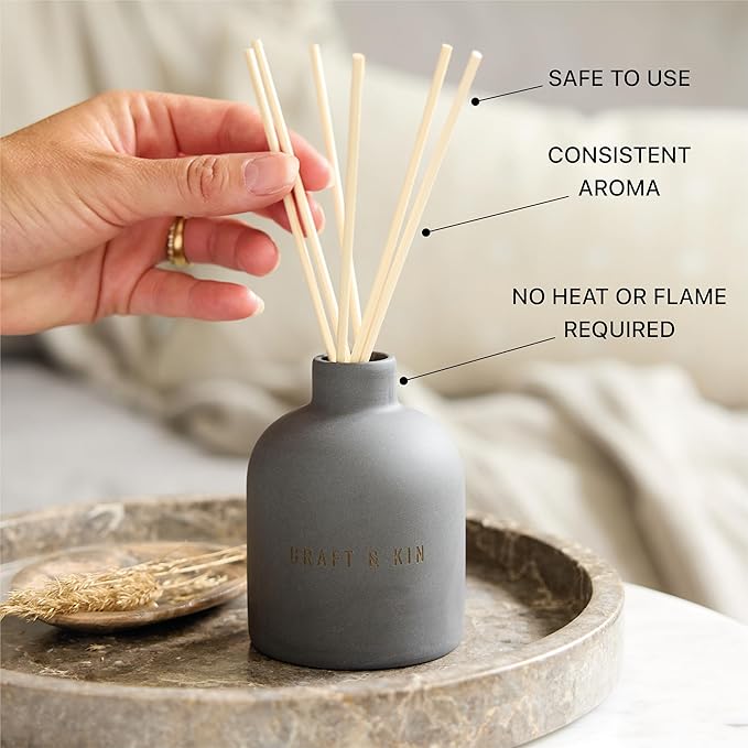 Craft & Kin Christmas Reed Diffuser for Home & Bathroom – Santal Woods Holiday Reed Diffuser Set with Fragrance Sticks, Long-Lasting Alcohol-Free Winter Scent, Earthenware Collection, 6.7oz