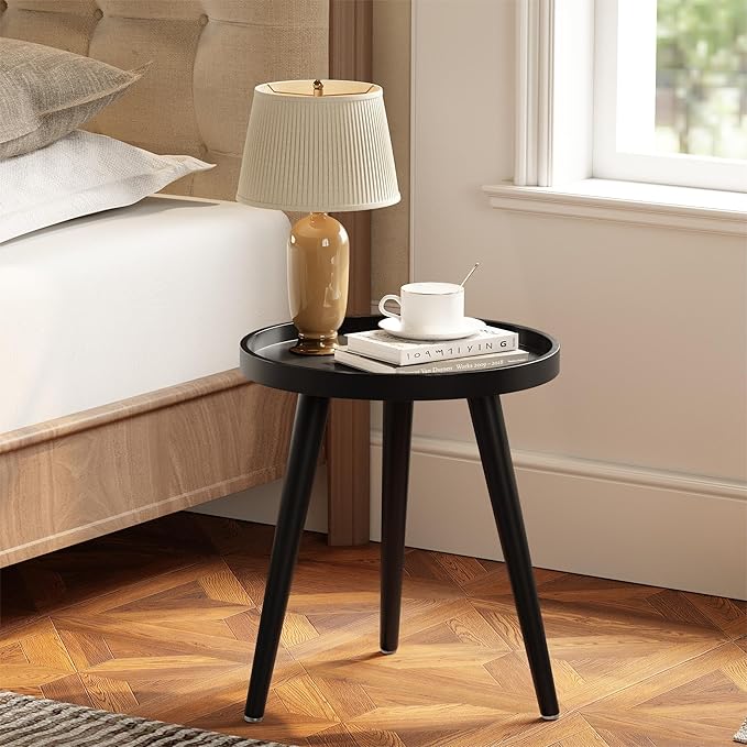 Apicizon Black Round Side Table, Tray Nightstand Sofa Coffee End Table for Living Room, Bedroom, Small Spaces, Easy Assembly Bedside Table, 15 x 18 Inches, Black