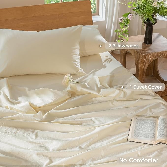 MooMee Bedding Duvet Cover Set 100% Washed Cotton Linen Like Textured Breathable Durable Soft Comfy (Solid Cream White, Queen 90"x90")