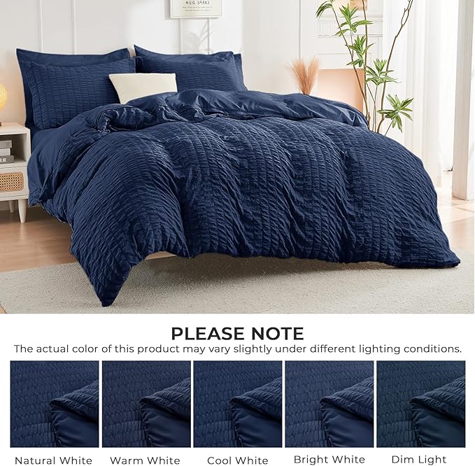 HYMOKEGE Navy Blue Twin Comforter Set Seersucker 5 Pieces, All Season Luxury Bed in a Bag for Bedroom, Bedding Set with Comforters, Sheets, Pillowcase & Sham